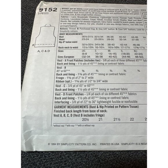 Simplicity 9152 Sewing Pattern Womens Vest Size XSmall-Small-Medium Vintage 1994 - Picture 4 of 5